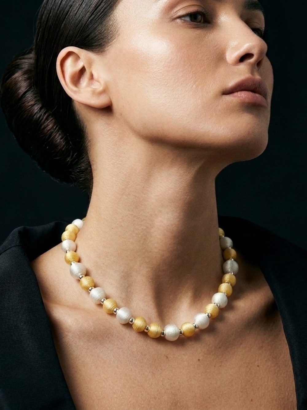 Vintage Silk Thread Wrapped Bead Necklace Choker Silver Tone 10” Yellow White